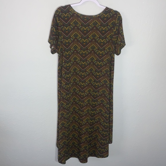 LuLaRoe Aztec Carly Green Yellow Tribal Stretch Swing Trapeze Dress Sz L - Picture 7 of 8
